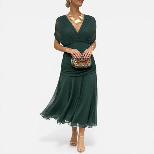 Midi Ruched V Neck Dress