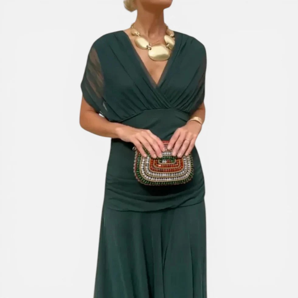 Midi Ruched V Neck Dress