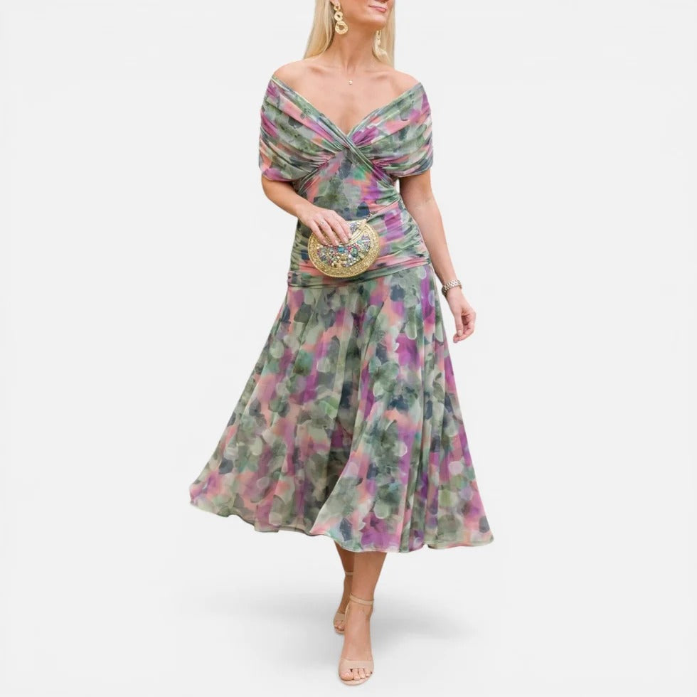 Midi Ruched V Neck Dress